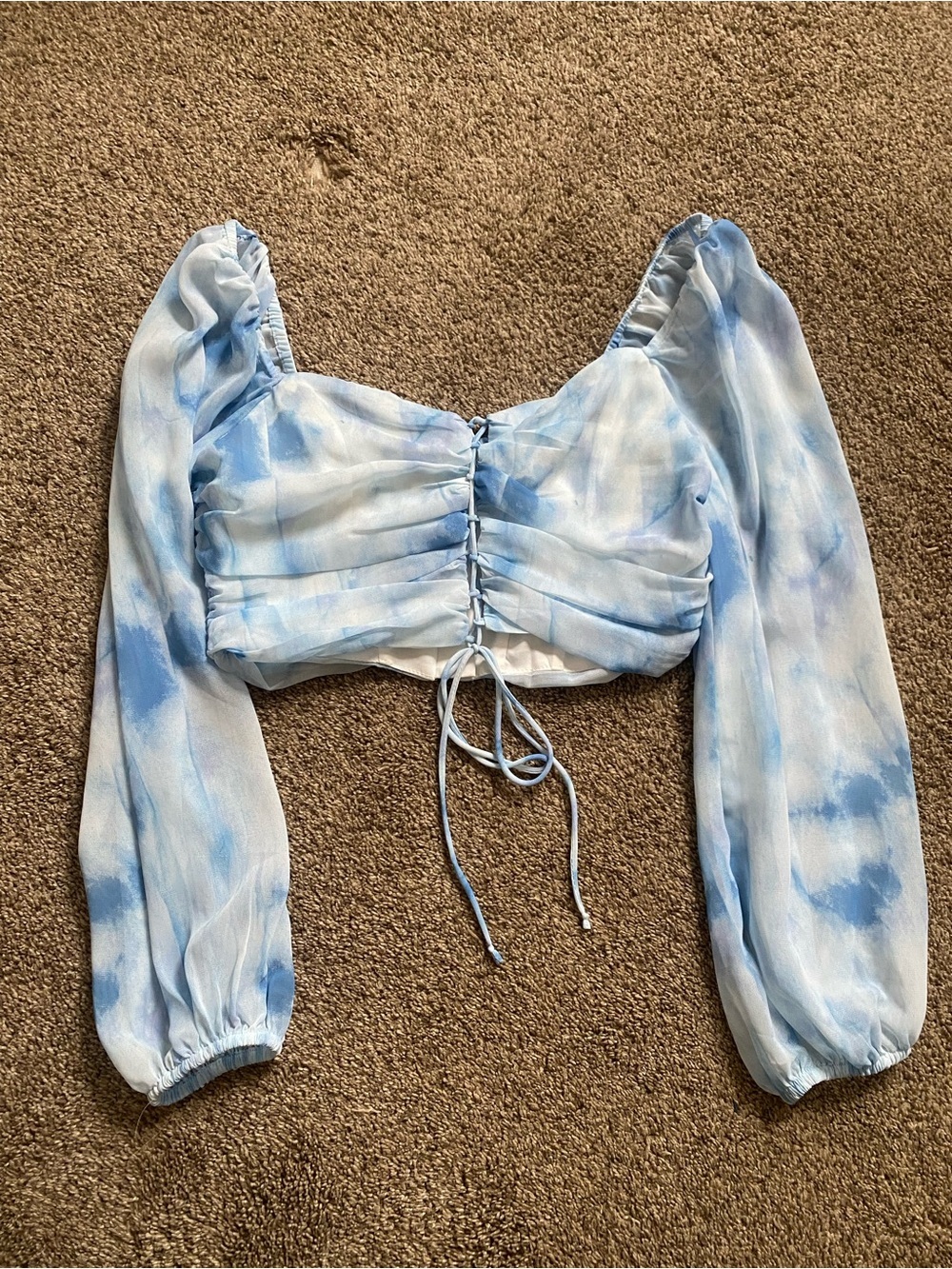 Cotton Candy Blue Tie-Dye Ruched Puff Sleeve Crop Top
